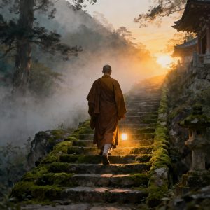 A lone Buddhist monk slowly climbing moss-covered stone steps at a quiet mountai | 君津市 圓明院